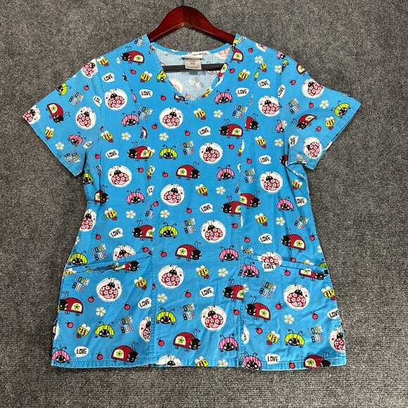 ScrubStar Scrub Top Size Small Short Sleeve Pockets V Neck Ladybug Love Bug Blue - Picture 1 of 7